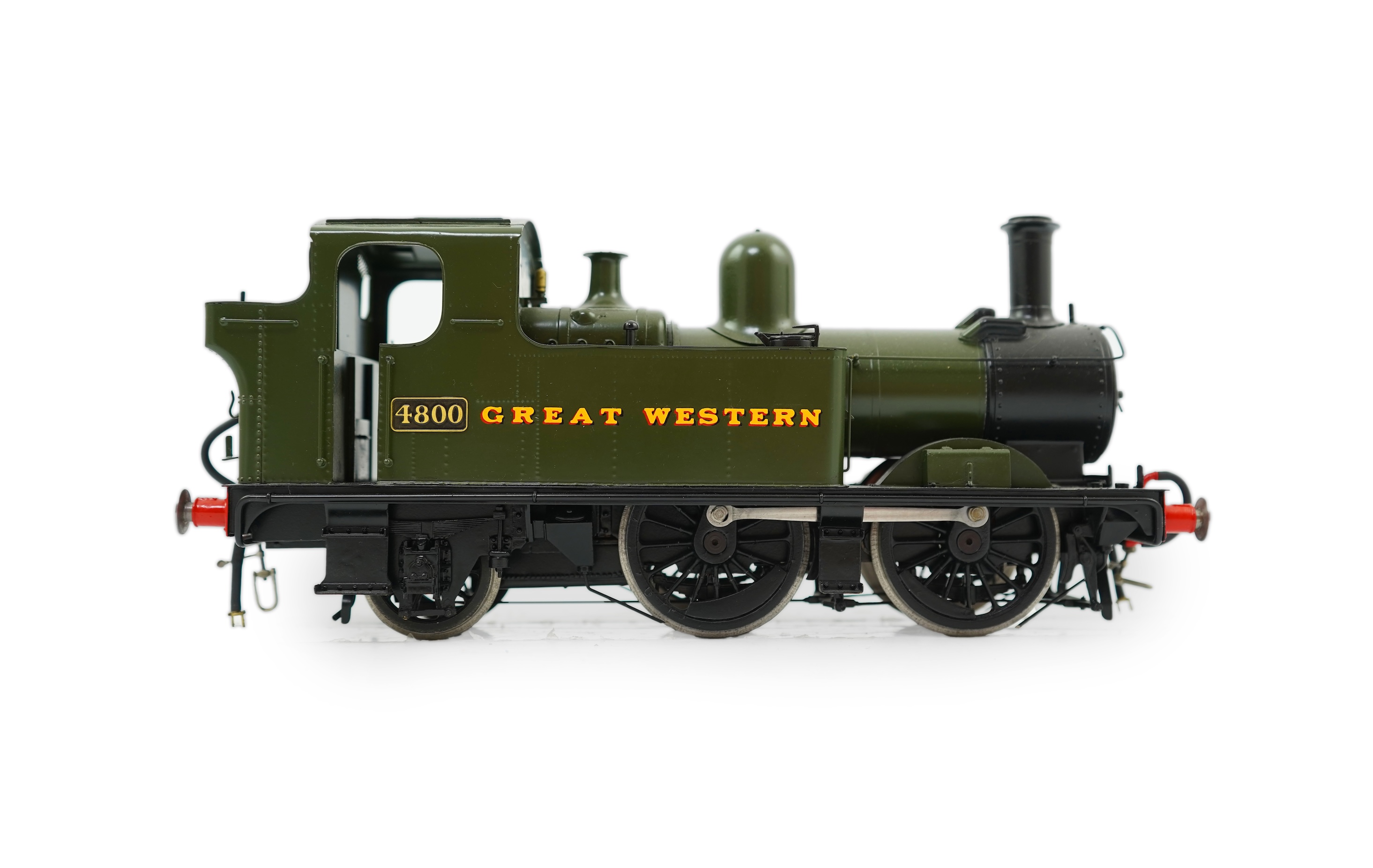 A Gauge One brass model of GWR Class 14xx, 4800, 0-4-2T locomotive, powered for two rail operation.